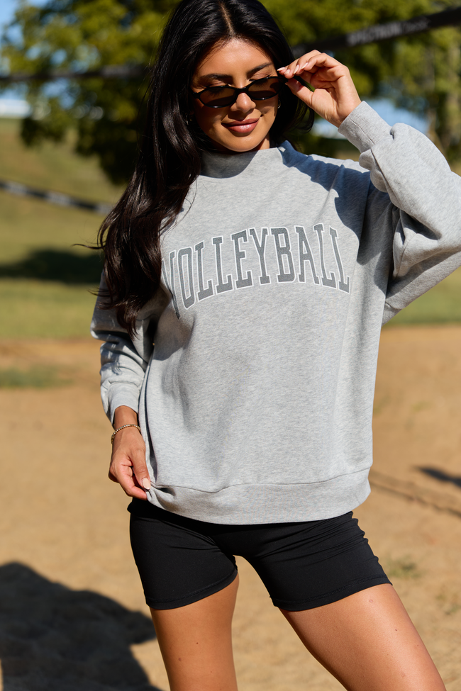 Varsity Volleyball Light Grey Mock Neck Oversized Graphic Sweatshirt