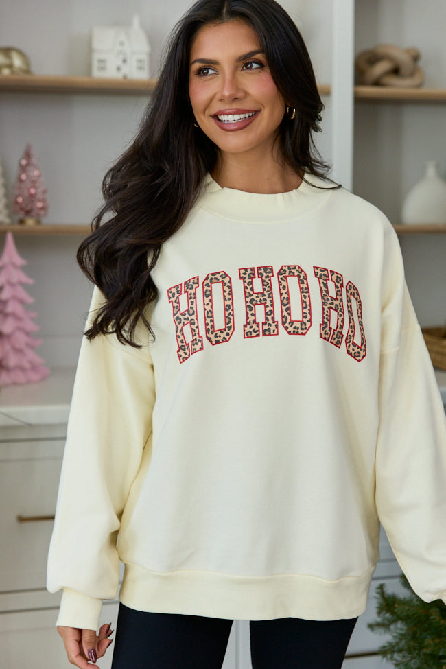 Ho Ho Ho Cheetah Pale Yellow Graphic Mock Neck Sweatshirt