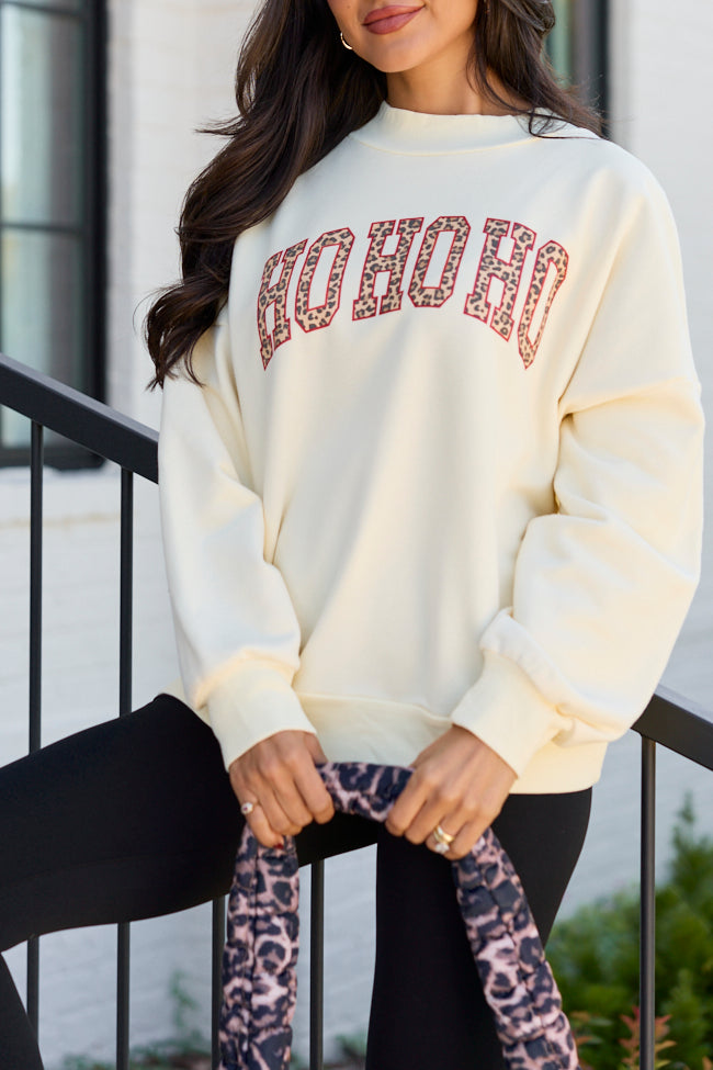 Ho Ho Ho Cheetah Pale Yellow Graphic Mock Neck Sweatshirt