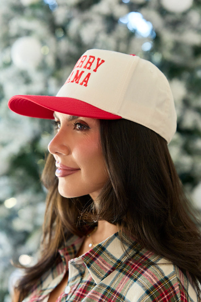 Merry Mama Natural/Red Embroidered Trucker Hat