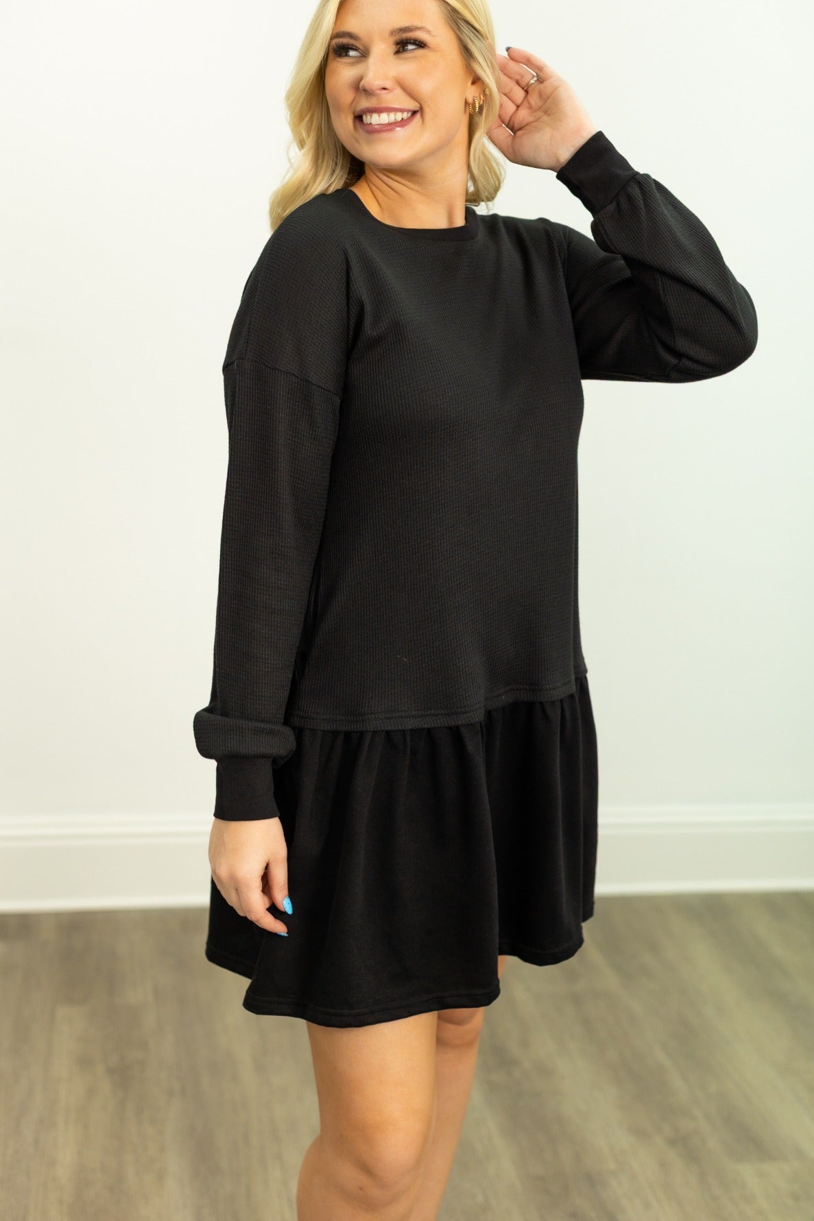 Waffle Knit Long-Sleeve Dress, Black